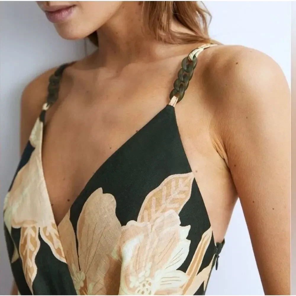 Reiss Alice Fitted Green Floral Linen Chain Strap Midi Dress Size 4 Wrap New - Picture 5 of 16